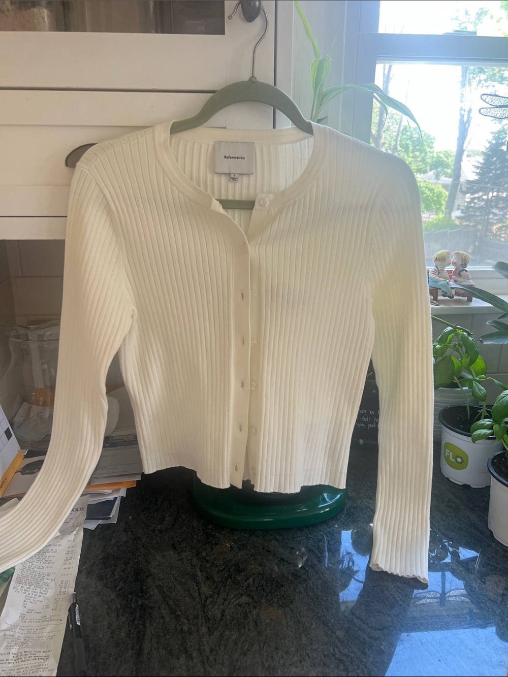 Reformation Cream Ribbed Button-Up Cardigan